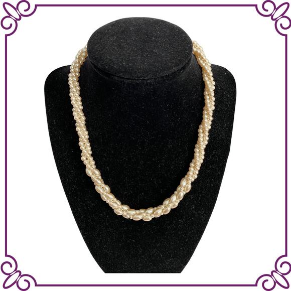 Faux Pearl Twisted Triple Strands Necklace Vintage 1990s Y2K - Picture 1 of 5